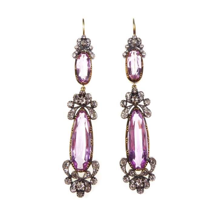 Pair of pink topaz and diamond scroll cluster pendant earrings